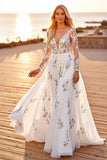 White Floral Long Sleeve V Neck Boho Wedding Dress