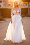 White A Line Long Sleeve Wedding Dress with Appliques
