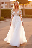 White A Line Long Sleeve Wedding Dress with Appliques