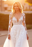 White A Line Long Sleeve Wedding Dress with Appliques