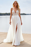 Beach White A Line Spaghetti Straps Wedding Dress With Slit