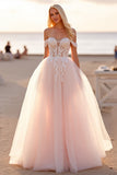 Blush Off The Shoulder A Line Wedding Dress with Appliques