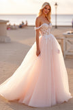 Blush Off The Shoulder A Line Wedding Dress with Appliques