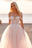 Blush Off The Shoulder A Line Wedding Dress with Appliques