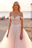 Blush Off The Shoulder A Line Wedding Dress with Appliques