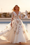 White A Line V Neck Floral Wedding Dress with Long Sleeves