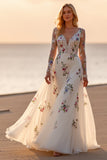 Floral White Boho A Line Long Sleeve Wedding Dress