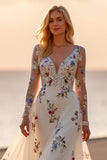 Floral White Boho A Line Long Sleeve Wedding Dress