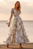 White A Line Floral Long Sleeve Wedding Dress