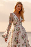 White A Line Floral Long Sleeve Wedding Dress