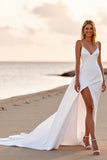 Simple White Spaghetti Straps Wedding Dress With Slit