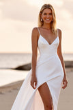 Simple White Spaghetti Straps Wedding Dress With Slit