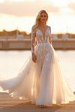 Long Sleeve White A Line Wedding Dress with Appliques