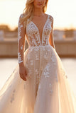 Long Sleeve White A Line Wedding Dress with Appliques