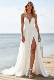 White Spaghetti Straps A Line Wedding Dress With Slit