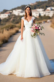 White A Line Long Wedding Dress with Cap Sleeves