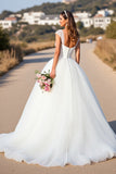 White A Line Long Wedding Dress with Cap Sleeves