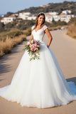 White A Line Long Wedding Dress with Cap Sleeves