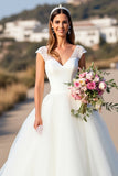 White A Line Long Wedding Dress with Cap Sleeves
