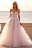 Off The Shoulder A Line Blush Wedding Dress