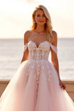 Off The Shoulder A Line Blush Wedding Dress