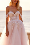 Off The Shoulder A Line Blush Wedding Dress