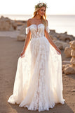 Off the Shoulder White Wedding Dress with Appliques