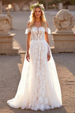 Off the Shoulder White Wedding Dress with Appliques