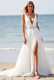 White Beach A Line Applique Wedding Dress with Slit