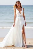 White Beach A Line Applique Wedding Dress with Slit