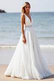 White Beach A Line Applique Wedding Dress with Slit