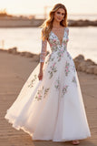 Floral Applique White Long Sleeve Wedding Dress