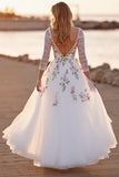 Floral Applique White Long Sleeve Wedding Dress