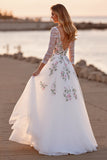 Floral Applique White Long Sleeve Wedding Dress