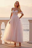 Off the Shoulder Blush Ankle Length Wedding Dress with Appliques