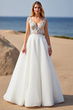White A Line Floral V Neck Wedding Dress