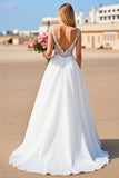 White A Line Floral V Neck Wedding Dress