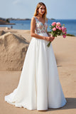 White A Line Floral V Neck Wedding Dress