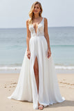 White Applique Backless Wedding Dress with Slit