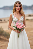 Elegant White A Line V Neck Floral Wedding Dress