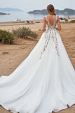 Elegant White A Line V Neck Floral Wedding Dress