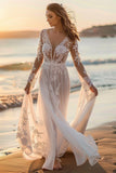 White Boho Long Sleeve Wedding Dress With Appliques