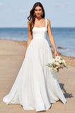 White Square Neck A Line Long Wedding Dress
