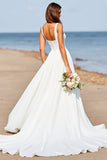 White Square Neck A Line Long Wedding Dress