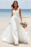 White Square Neck A Line Long Wedding Dress