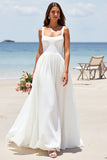 White Square Neck A Line Long Wedding Dress