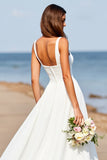White Square Neck A Line Long Wedding Dress