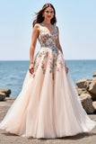 Blush Floral Spaghetti Straps A Line Tulle Long Wedding Dress
