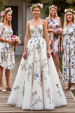 White Spaghetti Straps Floral A Line Long Wedding Dress