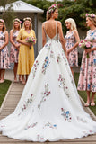 White Spaghetti Straps Floral A Line Long Wedding Dress